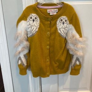 Boden Mustard Yellow Owl Cardigan, Size 3-4Y
